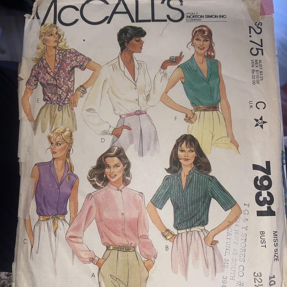 Vintage McCalls 7931 Sewing Pattern 1980s Misses Button Blouse Shirt Size 10 Cut